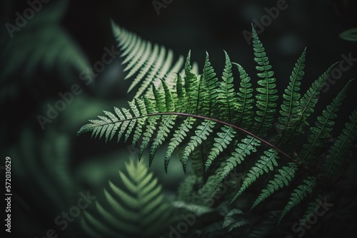 Close up of green ferns in a forest. Generative AI
