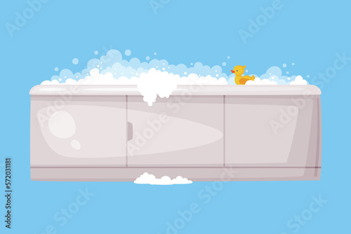 Acrylic Bathtub Full of Water with Soap Bubbles Foam Isolated on Blue Background Vector Illustration