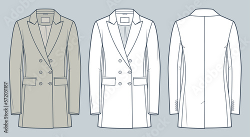 Blazer technical fashion illustration, beige design. Classic Jacket fashion flat technical drawing template, double breasted, front and back view, white, Outerwear women, men, unisex CAD mockup set.