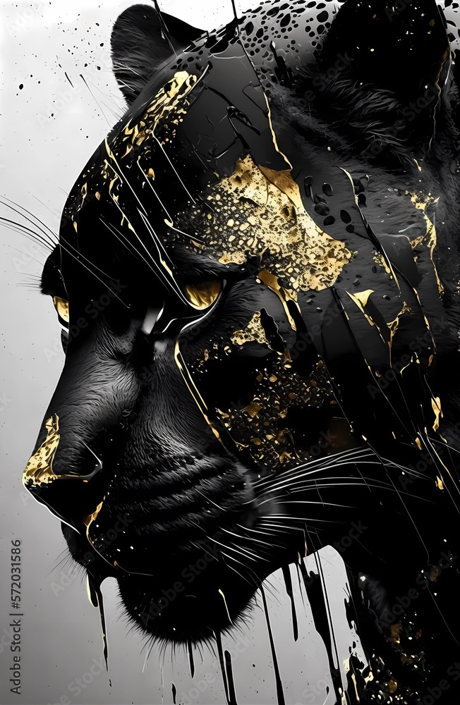 luxury abstract modern painting of black panther with golden
