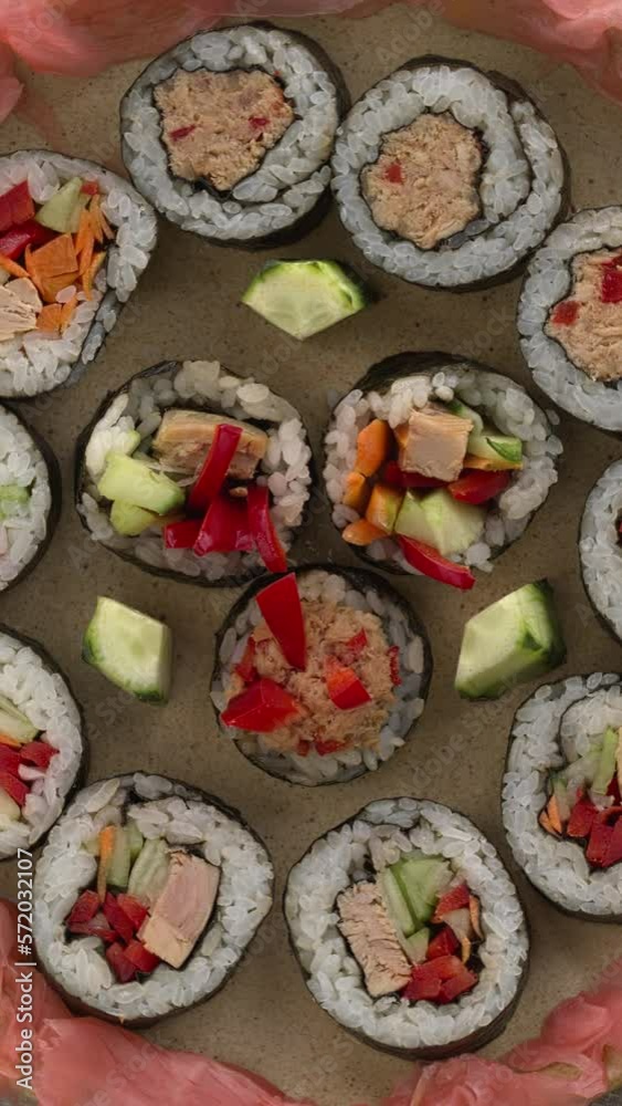 Homemade futomaki maki sushi rolls with vegetables and canned tuna fish close-up view. Table spin. Vertical video. Homemade futomaki maki sushi rolls with vegetables and canned tuna fish close-up view. Table spin. Vertical video.