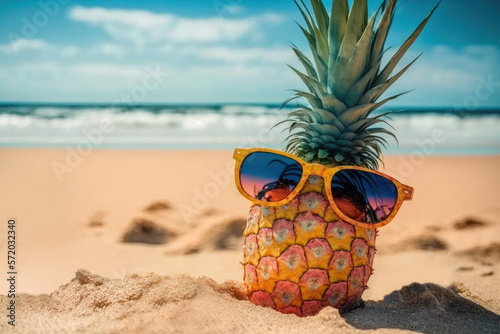 Pineapple with sunglasses in the sand on the beach against the ocean background. Summer mood, vacation concept. Created with Generative AI technology.