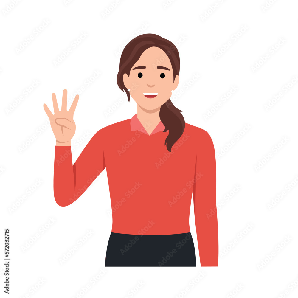 Young woman Character raise his hand to show the count number 4. Flat vector illustration isolated on white background Young woman Character raise his hand to show the count number 4. Flat vector illustration isolated on white background