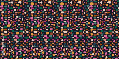 Small colored pebbles. Black background, seamless pattern. Vector print seamless for interior, clothes, notebooks, pillows, design.