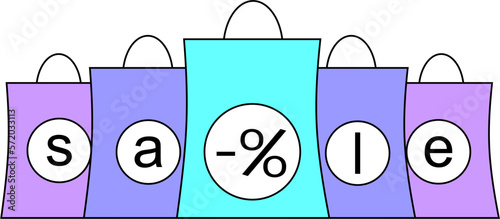 simple color graphic drawing with black outline of paper bags from the store, isolated element, decor