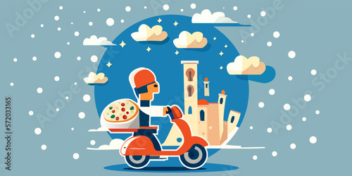 Pizza delivery man speeds through an eastern city. Flat style. Clouds and stars, pizza on a scooter. Vector print seamless for interior, clothes, notebooks, pillows, design.