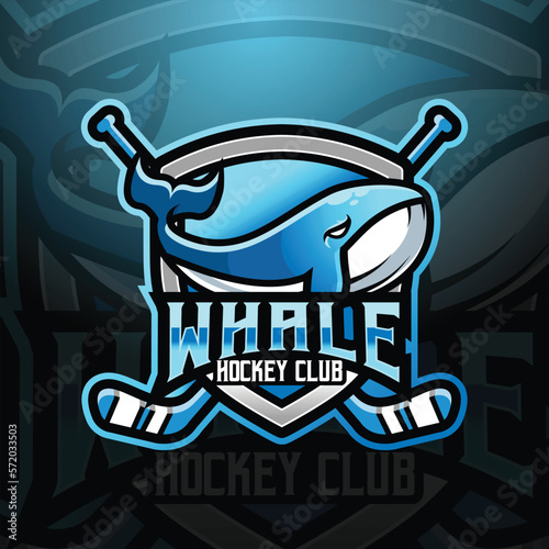 Whale mascot hockey team logo design vector with modern illustration concept style for badge, emblem and tshirt printing. logo illustration for sport, gamer, streamer, league and esport team.