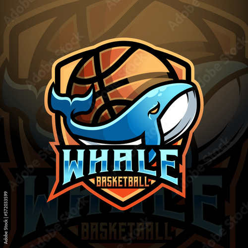 Whale mascot basketball team logo design vector with modern illustration concept style for badge, emblem and tshirt printing. logo illustration for sport, gamer, streamer, league and esport team.