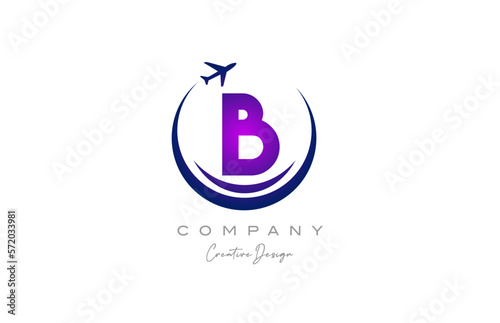 B alphabet letter logo with plane for a travel or booking agency in purple. Corporate creative template design for company and business