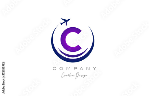 C alphabet letter logo with plane for a travel or booking agency in purple. Corporate creative template design for company and business