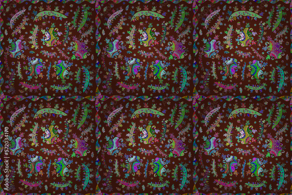 Seamless pattern with interesting doodles on colorfil background. Pano.