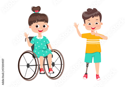 Special needs handicapped children with friends. Inclusive education. Girl in a stroller, amputee kids. Disabled kids inclusion at modern society concept. Cartoon vector illustration 