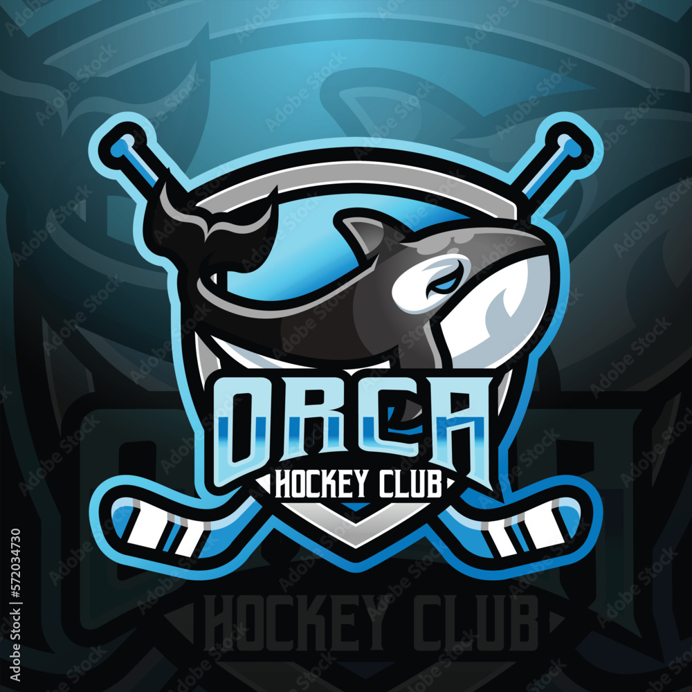Naklejka premium Orca killer whale mascot hockey team logo design vector with modern illustration concept style for badge, emblem and tshirt printing. modern Orca whale shield logo illustration for sport, league