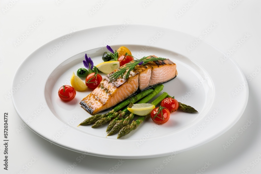 Grilled salmon with asparagus and cherry tomatoes on white plate Grilled salmon with asparagus and cherry tomatoes on white plate