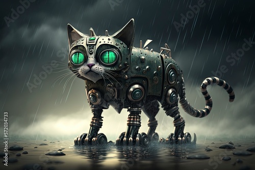 Green aye robotic cat on dramatic rainy background photo