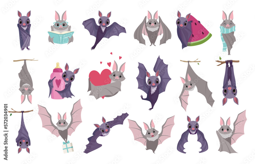 Naklejka premium Cute bats set. Lovely bat character in different situations.Childish prints for apparel, stickers, cards vector illustration