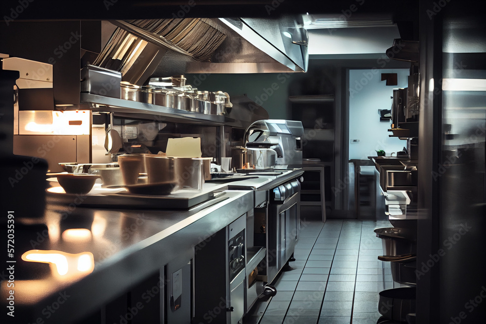 Professional kitchen, view counter in stainless steel. Professional kitchen, view counter in stainless steel.