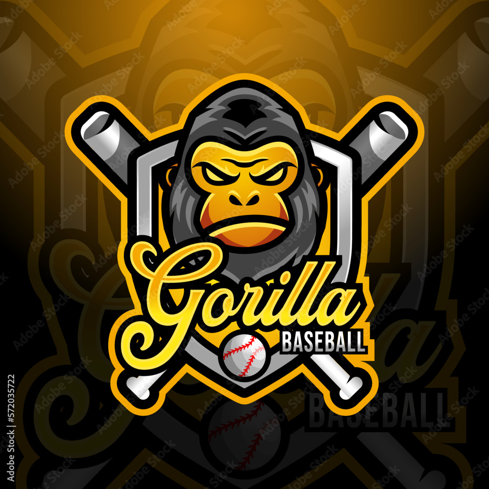 Gorilla ape mascot baseball team logo design vector with modern illustration concept style for badge, emblem and tshirt printing. modern gorilla shield logo illustration for sport, gamer, league
