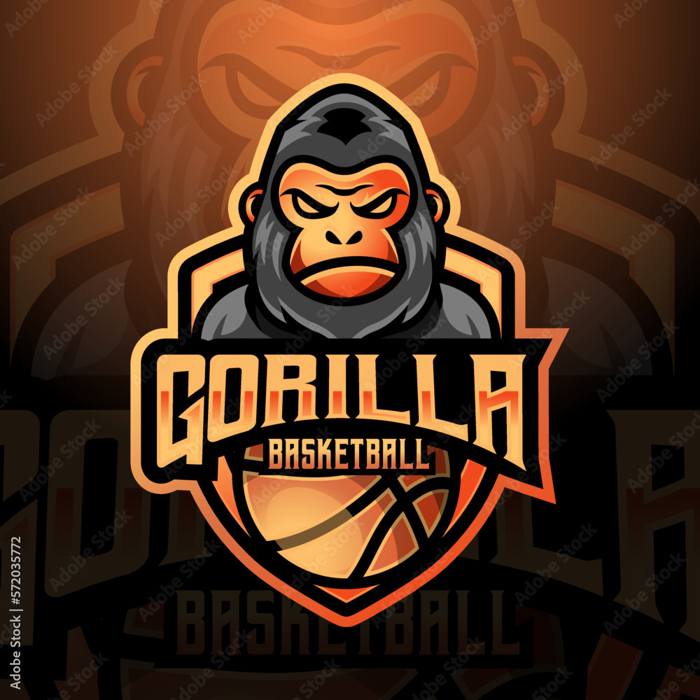 Gorilla ape mascot basketball team logo design vector with modern illustration concept style for badge, emblem and tshirt printing. modern gorilla shield logo illustration for sport, gamer, league