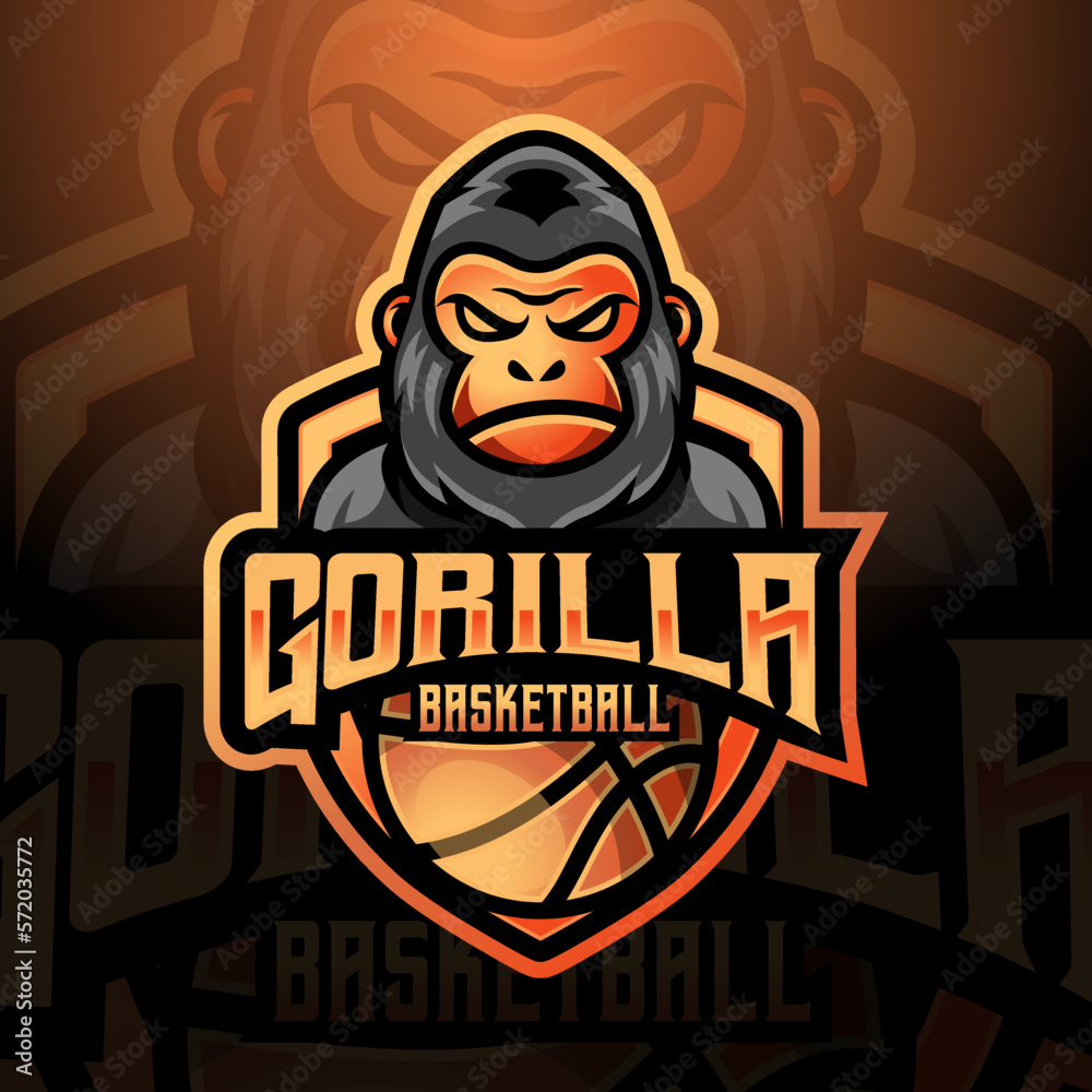 Gorilla ape mascot basketball team logo design vector with modern illustration concept style for badge emblem and tshirt printing. modern gorilla shield logo illustration for sport gamer league obrazy...