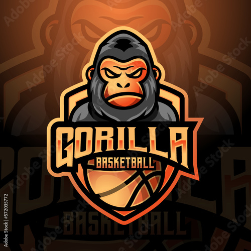 Gorilla ape mascot basketball team logo design vector with modern illustration concept style for badge, emblem and tshirt printing. modern gorilla shield logo illustration for sport, gamer, league