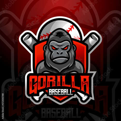 Gorilla ape mascot baseball team logo design vector with modern illustration concept style for badge, emblem and tshirt printing. modern gorilla shield logo illustration for sport, gamer, league