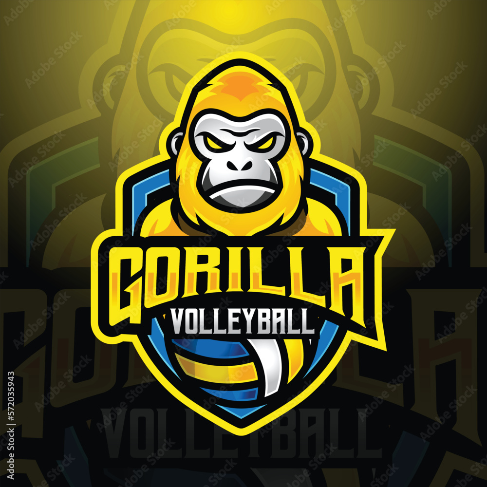 Gorilla ape mascot volleyball team logo design vector with modern illustration concept style for badge, emblem and tshirt printing. modern gorilla shield logo illustration for sport, league Gorilla ape mascot volleyball team logo design vector with modern illustration concept style for badge, emblem and tshirt printing. modern gorilla shield logo illustration for sport, league