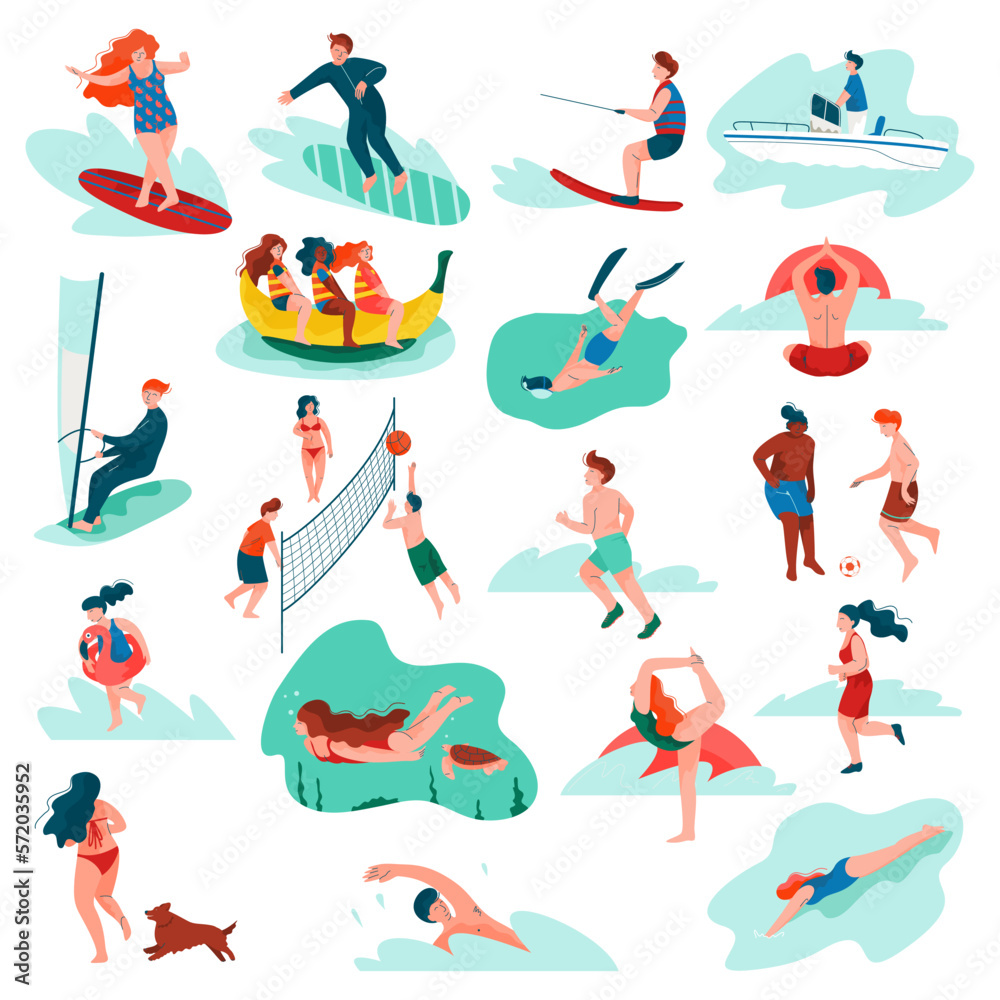 People at Seashore or Beach Engaged in Water Activity Big Vector Set People at Seashore or Beach Engaged in Water Activity Big Vector Set