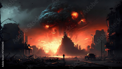En of the world disaster explosion concept art , apocalypse doomsday , Apocalyptic view , digital artwork , AI