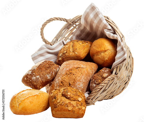 PNG. Basket with rolls from white and dark flour. 