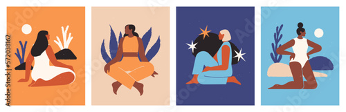 Set of modern minimalist posters of women. Female body in various poses with abstract organic shapes. Young beautiful girls and women collection. Femininity concept. Isolated flat vector illustration