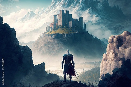 A warrior standing in a misty landscape with a hilltop castle town in the distan Fototapet