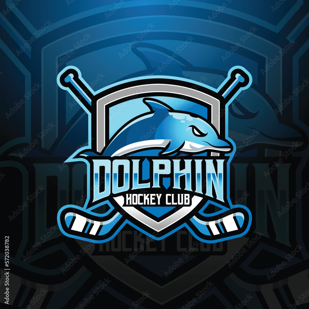 dolphin mascot ice hockey team logo design vector with modern illustration concept style for badge, emblem and tshirt printing. modern dolphin shield logo illustration for sport, gamer, streamer