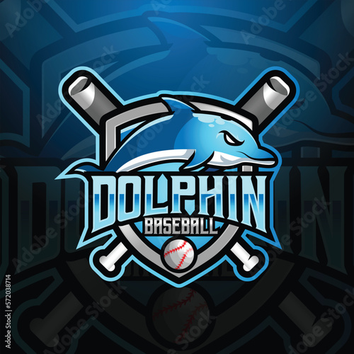 dolphin mascot baseball team logo design vector with modern illustration concept style for badge, emblem and tshirt printing. modern dolphin shield logo illustration for sport, gamer, streamer