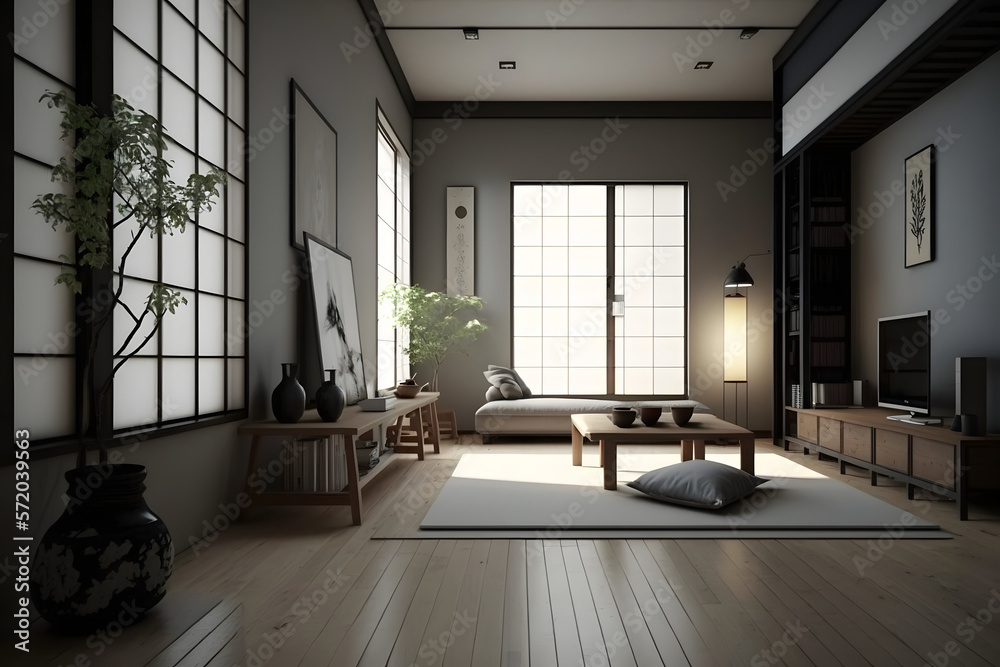 Fototapeta premium Modern japanese living room interior with plants, tv, books and decorated table (made with generative AI)