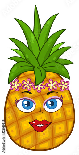 Pineapple Fruit Cartoon Mascot Character Woman Face With Hawaiian Flower Lei Garland Wreath. Hand Drawn Illustration Isolated On Transparent Background