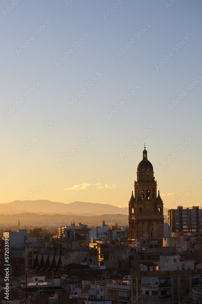 Sunset in Murcia with the cathedral tower in the background
