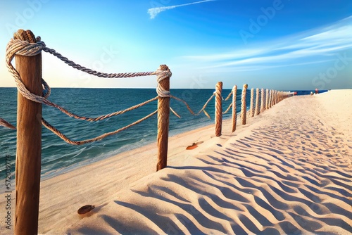 Beautiful summer day at the beach  rope fence  pristine sands and blue clear sky - generative ai