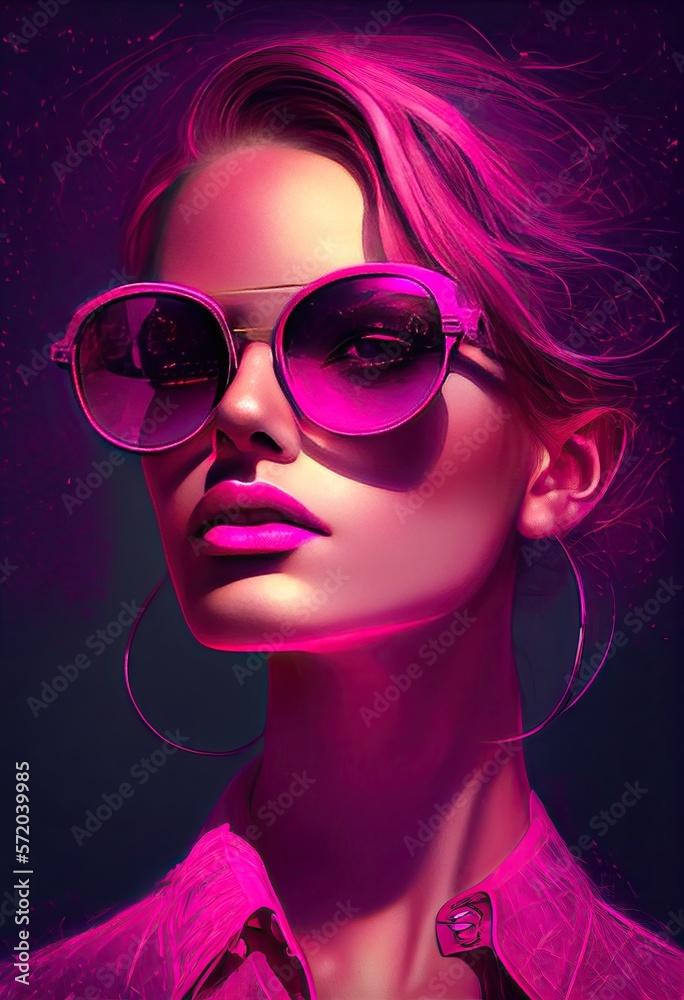 Fashion portrait of a model wearing high fashion clothing and round sunglasses, light pink background - generative ai
