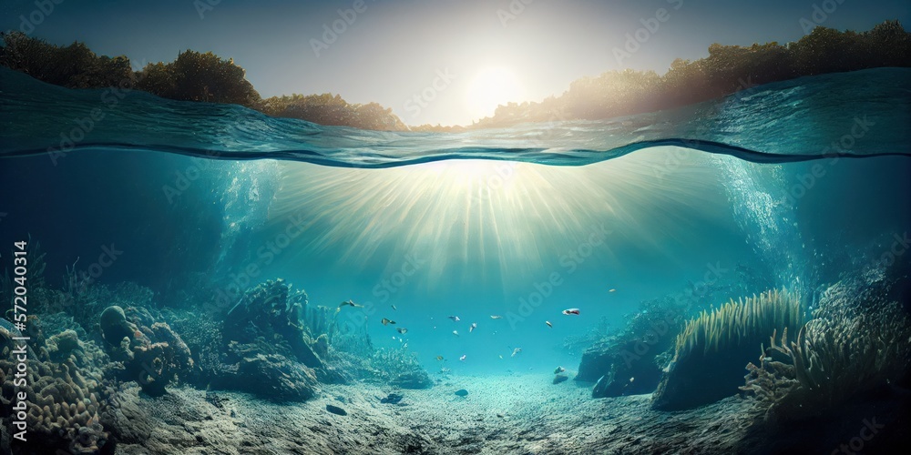 Underwater Sea Deep Water Abyss With Blue Sun light, deep ocean