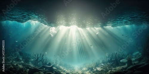 Underwater Sea - Deep Water Abyss With Blue Sun light, deep ocean, water life, GENERATIVE AI