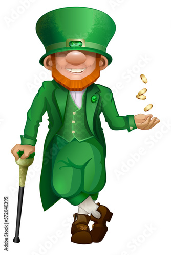 Funny cartoon gentleman leprechaun, leprechaun in a green velvet top hat holds on to a beautiful old cane with emerald stone and juggles gold coins, a symbol of the cheerful Irish holiday of St. Patri