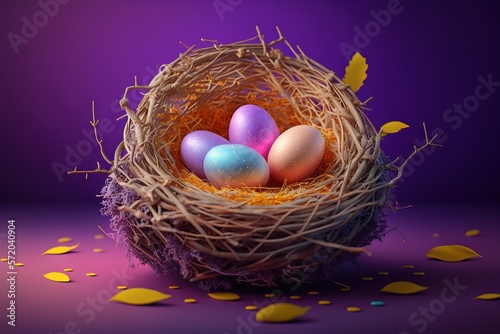 Pastel-colored easter eggs in nest on purple background created with Generative AI technology