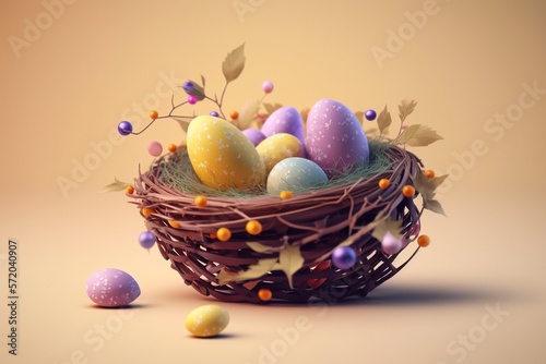 Pastel colored easter eggs in a wicker nest on a yellow background created with Generative AI technology