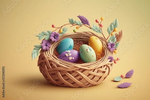 Colored easter eggs in a basket on a yellow background created with Generative AI technology