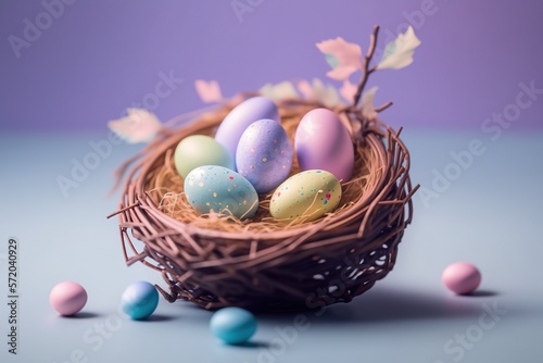 Pastel-colored easter eggs in nest on light purple background created with Generative AI technology