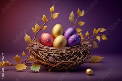 Colored easter eggs in wicker nest on purple background created with Generative AI technology