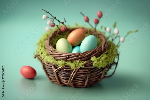 Easter nest in the basket created with Generative AI technology