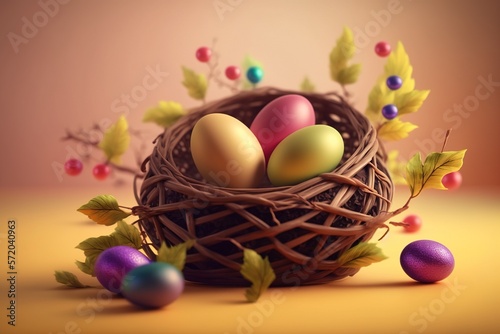 Easter eggs in the nest created with Generative AI technology