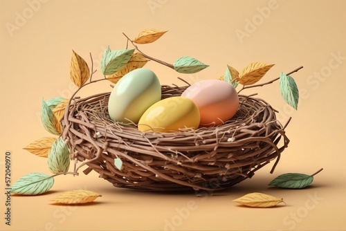Pastel colored eggs in the nest on yellow background created with Generative AI technology